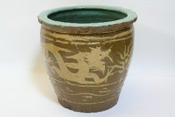 Decorative, Container, TAPERED W/OCHRE DRAGONS,GREEN RIM & INTERIOR,ASIAN, CROCKERY, BROWN