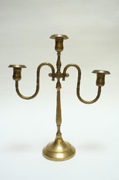 Candles, Candelabra, 3 HOLDERS,CURVY SIDE ARMS,ROUND BASE, METAL, BRASS