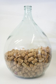 Decorative, Bottle, DROP SHAPED CARBOY BREWING BOTTLE 1/2 FILLED W/WINE CORKS, GLASS, CLEAR