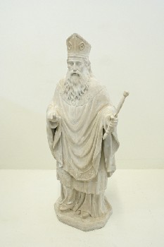 Statuary, Misc, RELIGIOUS, SAINT PATRICK ON BASE, BEARDED MAN IN ROBES W/STAFF, AGED, PLASTER, WHITE