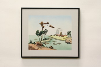 Art, Asian, CLEARABLE, JAPANESE LANDSCAPE, PAINTED BAMBOO ON SILK, BLACK FRAME, METAL, MULTI-COLORED