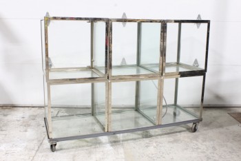 Shelf, Glass, 2X3 TRANSPARENT CUBE SHELVES, REFLECTIVE CHROME FRAME, BACKLESS, HORIZONTAL, ROLLING, CHROME, SILVER
