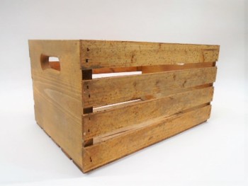 Crate, Wood, WOODEN CRATE WITH HANDLES, SLAT BOTTOMS AND SIDES, AGED, CONDITION VARIES, WOOD, BROWN