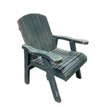 Chair, Lawn, ADIRONDACK/MUSKOKA STYLE OR SIMILAR, ROUNDED BACK WITH CURVY ARMS, WOOD PLANK CONSTRUCTION, RUSTIC, OUTDOOR/LAWN/DECK, WEATHERED AND AGED, PAINTED OVER, WOOD, GREEN