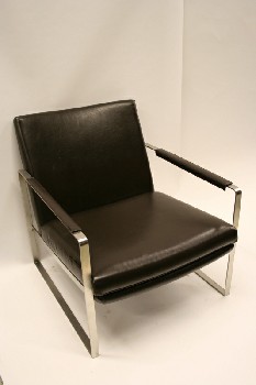 Chair, Client, STAINLESS FRAME W/LEATHER CAPPED ARMS, MODERN STYLE, VERY DARK  BROWN, VINYL, BROWN