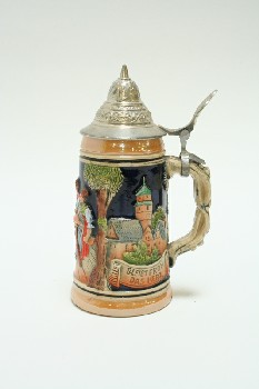 Drinkware, Stein, GERMAN,W /SILVER LID,3 PEOPLE SITTING AT TABLE, PORCELAIN, MULTI-COLORED