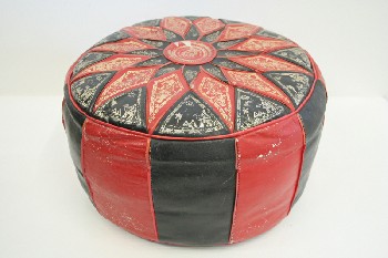 Stool, Ottoman, HASSOCK, POUFFE, FOOT REST, RED & BLACK TOP & STRIPED SIDES W/GOLD DESIGNS, LEATHER, RED