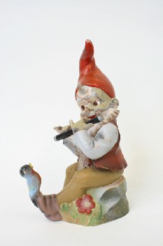 Garden, Gnome, FLUTE-PLAYING GNOME W/BIRD,POINTED HAT, PLASTIC, MULTI-COLORED