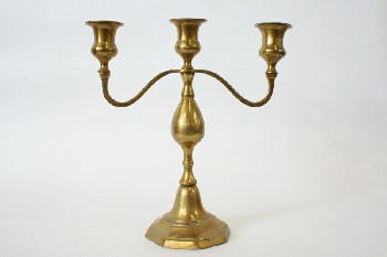 Candles, Candelabra, 3 HOLDERS, CURVED SIDE ARMS, STEPPED OCTAGONAL BASE, METAL, BRASS