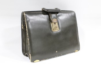 Luggage, Briefcase, VINTAGE,BRASS LATCH,VISIBLE STITCHING, AGED , LEATHER, GREY