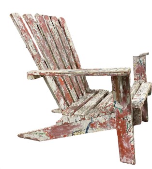 Chair, Lawn, ADIRONDACK/MUSKOKA STYLE OR SIMILAR, RECTANGULAR ANGLED BACK, WOOD PLANK CONSTRUCTION, RUSTIC, OUTDOOR/LAWN/DECK, WEATHERED AND AGED, PAINT SPLATTERS AND CHIPPED ALL OVER, WOOD, RED