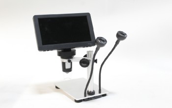 Science/Nature, Microscope, DIGITAL, PHOTO / VIDEO, BLACK SCREEN, 2 EYE PIECES, METAL STAND W/FLAT VIEWING SURFACE, METAL, GREY