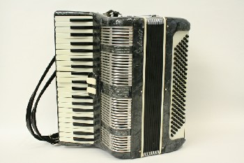 Music, Accordion, SILVER METAL ACCENTS,W/LEATHER STRAP, PLASTIC, GREY