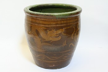Decorative, Container, TAPERED W/OCHRE DRAGONS,GREEN RIM & INTERIOR,ASIAN, CROCKERY, BROWN