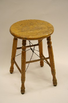 Stool, Round, WOOD SEAT, TURNED, AGED, WOOD, BROWN