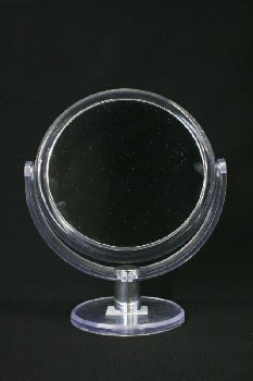 Mirror, Vanity, ROUND FACE ON BASE,TILTS, PLASTIC, CLEAR