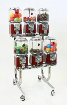 Vending, Misc, SNACK/CANDY/TOY VENDER/DISPENSER W/6 25c GUMBALL MACHINES ON ROLLING CHROME BASE, METAL, RED