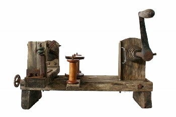 Tool, Misc Hand Tool, ANTIQUE SEWING/WEAVING MACHINE W/3 WOOD SPOOLS, TURN CRANK, RUSTY MOVING PARTS, WOOD FRAME, WOOD, BROWN