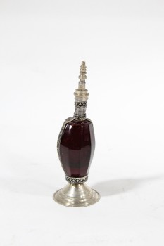 Vanity, Bottle, PERFUME BOTTLE,ORNATE METAL BANDS,ROUND BASE,POINTED SHAPE, GLASS, RED