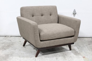 Chair, Armchair, MODERN, BROWN TONES, BUTTON TUFTED CUSHION BACK, FLARED ARMS, SPLAYED LEGS, SOLID WOOD BOTTOM RAIL, LINEN, BROWN