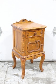 Table, Side, ANTIQUE, SMALL CABINET W/1 DOOR & 1 DRAWER, ORNATE CARVED, CURVED LEGS, AGED, DISTRESSED, WOOD, BROWN