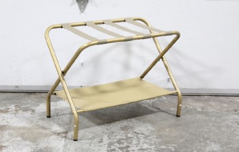 Stand, Luggage, HOTEL LUGGAGE / SUITCASE RACK, FOLDING TUBULAR FRAME W/BROWN VINYL STRAPS & LOWER SHELF, METAL, BRASS