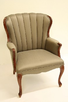 Chair, Armchair, TRADITIONAL, VERTICAL GROOVE/CHANNEL BACK, BROWN WOOD TRIM/LEGS, FABRIC, GREY