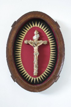 Religious, Crucifix, JESUS ON CROSS IN RAISED OVAL BASE, WOOD, BROWN
