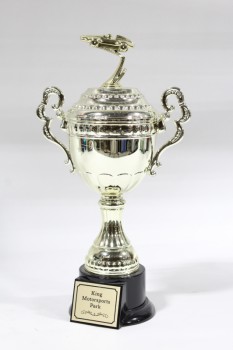 Trophy, Motorsports, CUP W/ORNATE HANDLES & RACE CAR TOPPER , PLASTIC, BLACK