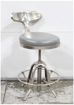 Stool, Backrest, ROTATING, GREY PADDED VINYL SEAT, LOWER RING, ROLLING, ANTIQUE STYLE, METAL, GREY