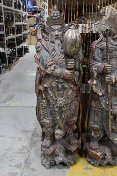 Statuary, Floor, HAND CARVED CHINESE GUARDIAN / WARRIOR IN MING COSTUME W/SCEPTRE, ANTIQUE / OLD LOOK, ORIGINAL FINISH / PATINA, FRAGILE, WOOD, MULTI-COLORED