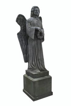Tombstone, Statue, OVER 10FT STANDING ANGEL HOLDING WREATH ON WOOD BASE, STYROFOAM, GREY
