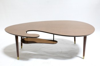 Table, Coffee Table, VINTAGE, CURVED ROUNDED SHAPE, 2 LEVELS W/SMALL LOWER SHELF, BRASS CAPPED FEET, LAMINATE, BROWN