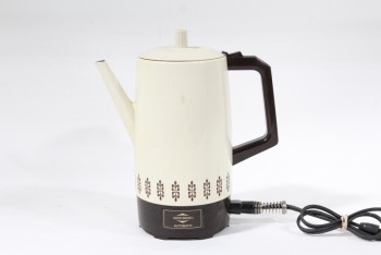 Cookware, Coffeepot, VINTAGE AUTOMATIC PERCOLATOR W/LID, BROWN BORDER, No Cord, METAL, BEIGE