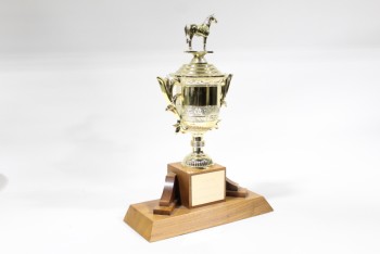 Trophy, Animal, HORSE ,ORNATE CUP, STEPPED WOOD BASE, FRENCH, PLASTIC, GOLD