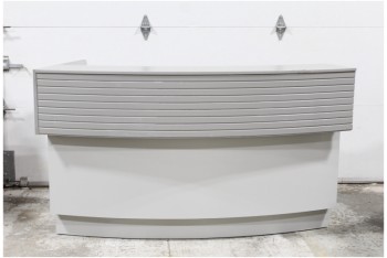 Counter, Misc, LOBBY/RECEPTION DESK, 2 LEVELS (COUNTER HEIGHT IS 30", SHELF IS 41"), HORIZONTAL SLATS, CURVED - OUTER WIDTH IS 74.5", INNER WIDTH IS 55" - End Section Of 3 Pc Larger Unit, See Photos For Complete Setup, WOOD, GREY