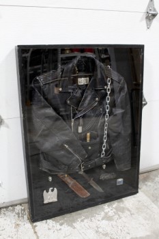 Wall Dec, Shadow Box, WORN LEATHER JACKET, DOGTAGS, CHAIN, KNIVES, SWITCHBLADE, LIGHTER, EAGLE, SKULL RINGS X2, CIGAR, BAD BOY BIKER, BAR DECOR ETC., CLEARABLE, LEATHER, BLACK