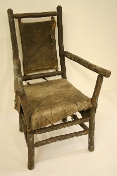 Chair, Armchair, RUSTIC LEATHER SEAT/BACK W/BRANCH ARMS, AGED, WOOD, BROWN