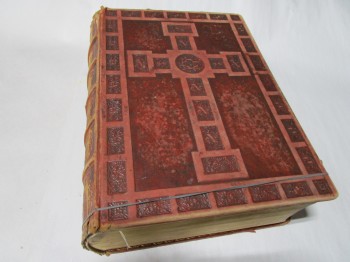 Book, Vintage, Ornate Embossed Latin Bible. Cross On Cover Faded Label On Spine 'Die Direl', BROWN