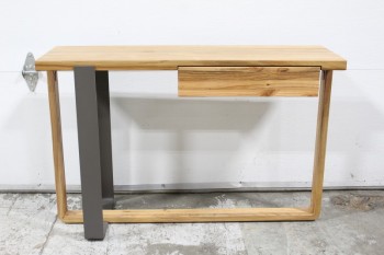 Desk, Wood, CONSOLE / SOFA / HALL TABLE OR SMALL DESK, WOOD FRAME W/1 GREY METAL T-BAR, 1 DRAWER, WOOD, BROWN