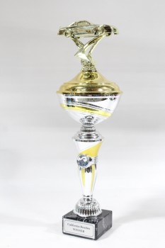Trophy, Motorsports, CUP W/GOLD & SILVER HANDLES & RACE CAR TOPPER , PLASTIC, GOLD