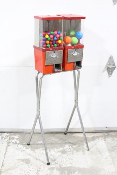 Vending, Misc, DOUBLE GUMBALL DISPENSER, COIN OPERATED SNACK/CANDY VENDER, VINTAGE LOOK W/TUBULAR LEGS, METAL, RED