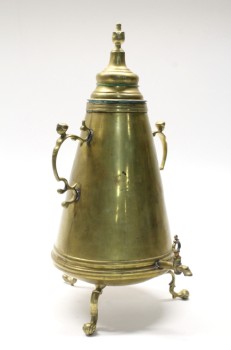 Drinkware, Misc, SAMOVAR BEVERAGE DISPENSER W/LID, ORNATE, SPOUT, CONICAL SHAPE ON 3 LEGS, HANDLES W/SMALL HEADS, ANTIQUE, USED, METAL, BRASS