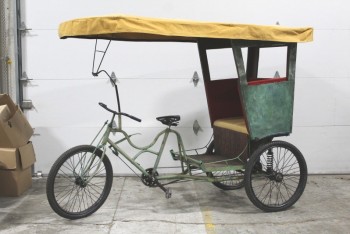 Bicycle, Pedicab, 3 WHEEL RICKSHAW TRICYCLE W/CANVAS CANOPY, AGED GREEN EXTERIOR W/ASIAN CHARACTERS, COVERED PASSENGER BENCH W/RED CUSHION SIDES, METAL, GREEN