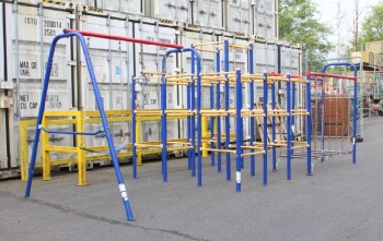 Playground, Miscellaneous, BACKYARD OR SCHOOL JUNGLE GYM W/3 MODULES, 18 FT WIDE AS SHOWN, BLUE METAL FRAME W/RED TOP BARS, SWING MODULE W/1 BELT SEAT & 1 SET OF TRAPEZE / RING BARS, CLIMBING MODULE W/YELLOW RUNGS, MONKEY BAR & HANGING BRIDGE MODULE W/PLASTIC COVERED CHAINS - Can Be Disassembled For Transport. **Original Finish, This Item Is Not Allowed To Be Painted**, METAL, BLUE