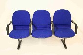Bench, Seats, 3 BLUE UPHOLSTERED TANDEM SEATS, BLACK PLASTIC ARMS, BLACK METAL LEGS, VINTAGE, FABRIC, BLUE