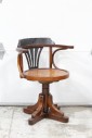 Chair, Captain, CAPTAINS STYLE BAR STOOL / CHAIR, BLACK & BROWN ROUNDED BENTWOOD FAN BACK W/ARMS, SWIVEL, "X" BASE, WOOD, BROWN
