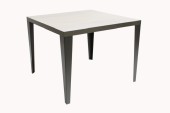 Table, Side, MODERN, ITALIAN, GLASS TOP OVER LIGHT WOOD SURFACE, SQUARE TOP, GREY METAL LEGS, METAL, GREY