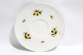 Decorative, Misc, OVERSIZED XL LIGHTWEIGHT TEA SAUCER/PLATE, YELLOW FLOWERS & BEES, PAINTED W/GOLD TRIM, FOAM, WHITE