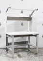 Table, Work, WORK BENCH W/OVERHEAD FLOURESCENT LIGHT BAR, JUST DESK W/O LIGHT BAR IS 69x48x30", WHITE WORK SURFACE TOP IS 36x48x30", WHITE UPPER SHELF, GREY METAL FRAME / LEGS, ROLLING, BULB NOT INCLUDED, METAL, WHITE